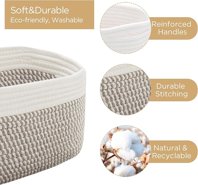 Small Cotton Rope Storage Basket Set of 3-11"x7"x7" Perfect Woven Baskets for Storage, Ideal Storage Baskets for Organizing Toys, Towels, and More - Baskets for Shelves(White & Mixed Grey)