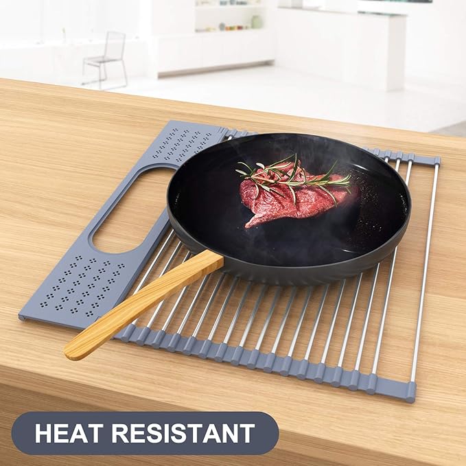 LEMIKKLE Roll Up Dish Drying Rack 17.5" x 15.2" Over The Sink Dish Drying Rack, Multi-Purpose Kitchen Rolling Dish Drainer Foldable SUS 304 Stainless Steel Dish Drying Rack