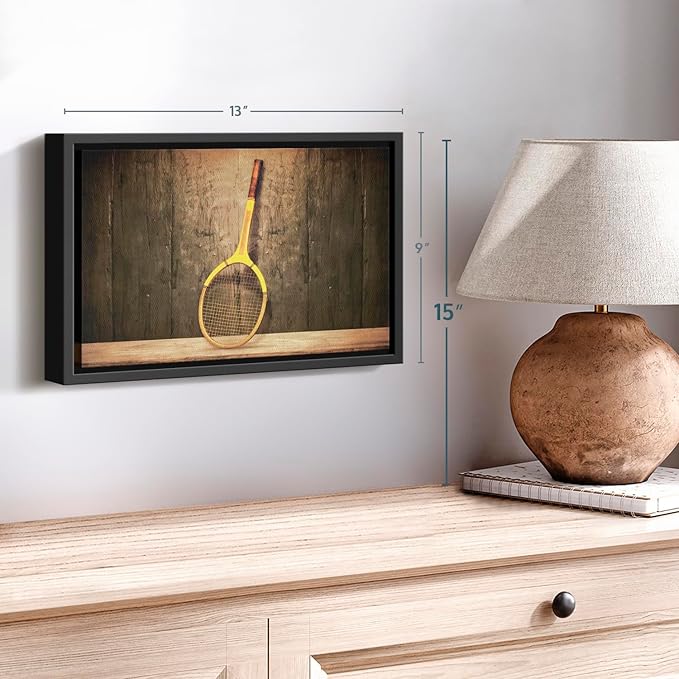 ElephantStock Vintage Tennis Racket Wall Art - Horizontal Framed Canvas - 1-Piece Living Room Wall Decor - Photography Sports Canvas Print - Brown and Black Decor for Wall - 13" X 9"