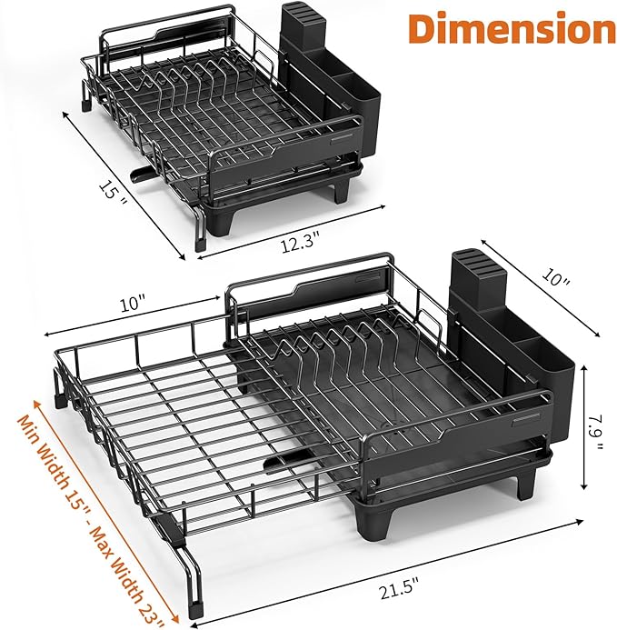 Extendable Dish Drying Rack, Multifunction Dish Rack for Kitchen Counter, Expandable Dish Drainer Over Sink, Large Dish Strainer with Cups Holder, 1 Tier Black