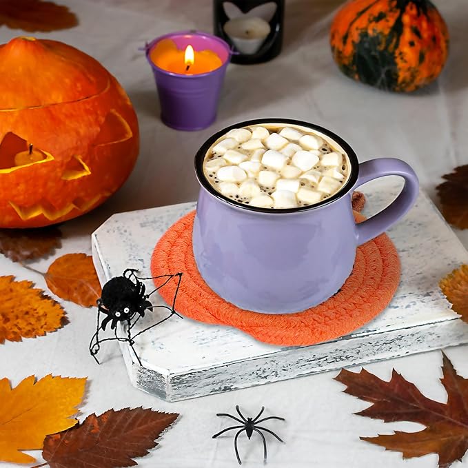 Whaline Halloween Pumpkin Cotton Coasters Colored Pumpkin Face Handmade Braided Drink Coasters Pink Purple Orange Absorbent Cup Mats for Trick or Treat Party Home Table Decor, Set of 4