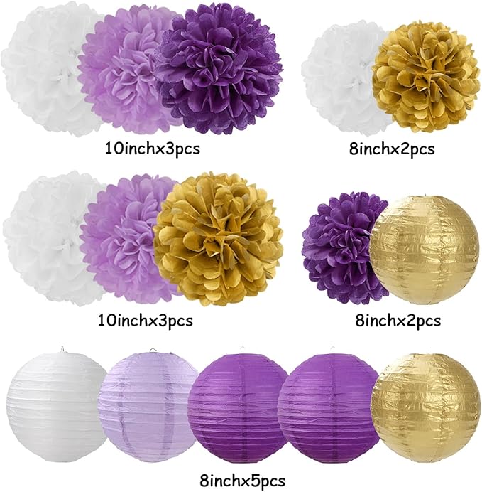 Purple White-Gold Party-Decorations Paper Flowers Lanterns - 15PCS Graduation Lavender Tissue Pom Poms Streamers,Wedding Birthday Bachelorette Baby Shower Classroom Hanging Supplies Decor Hugfond