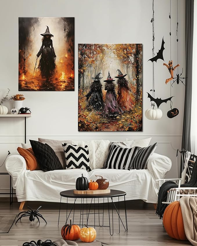 Halloween Canvas Wall Art, Vintage Three Witches Poster, Gothic Dark Academia Wall Decor, Spooky Halloween Decor for Living Room, Bedroom & Bathroom, Framed Fall Decorations Indoor