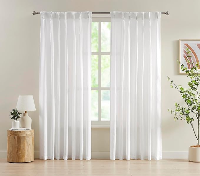 FMFUNCTEX Pinch Pleated Curtains 84 Inches Long for Living Room, White Semi Sheer Faux Linen Textured Pleat Drapes for Bedroom with Hooks, Light Filtering Neutral Farmhouse Window Drapes 2 Panels