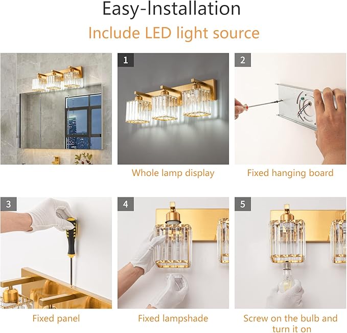 Modern Bathroom Vanity Light 3-Lights Gold Crystal Bathroom Wall Light Vanity Light Fixtures,20.47-inch Modern Minimalist Design