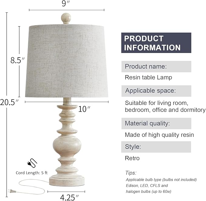 BOBOMOMO Tradition 20.5" Rustic Table Lamp Set of 2 for Living Room Farmhouse Bedside Desk Lamps Bedroom Nightstand Vintage Lamps Linen Washed(Suitable for Decorating Small Areas)