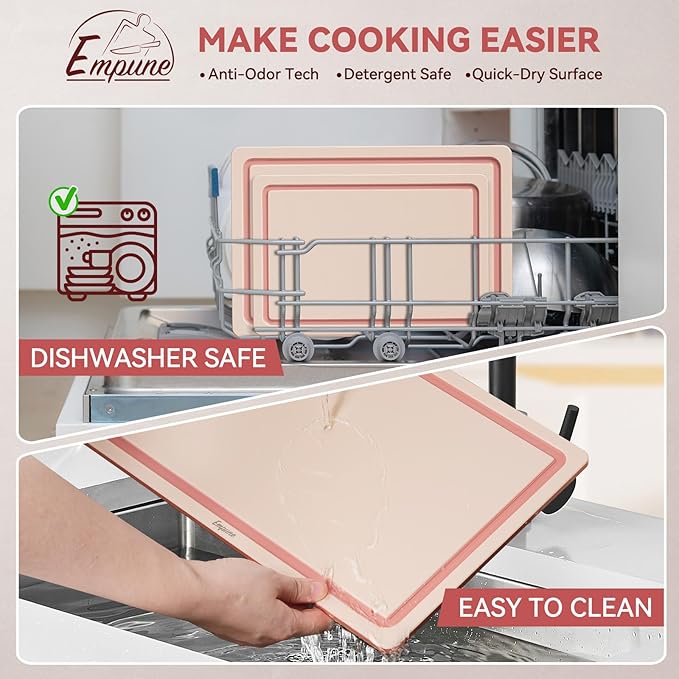 Empune Plastic Cutting Board Set, Recycled Plastic Cutting Boards for Kitchen (Set of 3), Dishwasher Safe Large Chopping Board with Holder, Non-slip Feet and Juice Grooves, Nonporous, Pink