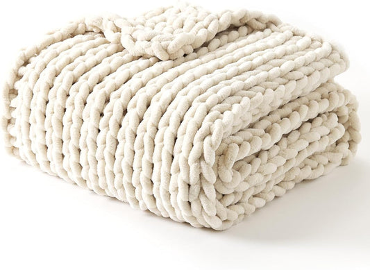 YnM Chunky Throw Blanket, Hand Knitted with Chenille Yarn, Skin Friendly, Ventilated and Breathable, Machine Washable, Home Décor Piece for Couch, Sofa and Bed (Butter Cream, 60x80 Inch)