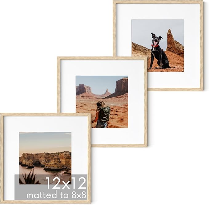 HAUS AND HUES Solid Oak Wood 12”x12” Picture Frames Matted to 8”x8” Set of 3-12x12 Photograph Frames With Mat, 12 by 12 Picture Frames Square, 12 x 12 Square Frames (Beige Oak Frames)