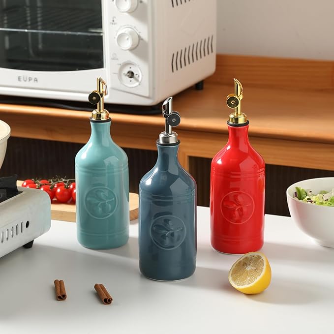 Sweejar 16 Oz Ceramic Olive Oil Dispenser Bottle, Oil Dispenser for Kitchen with Gravity Spout, Relief Opaque Vinegar Container for Evoo, Soy Sauce, 1 Pack(Red, Gold Spout)