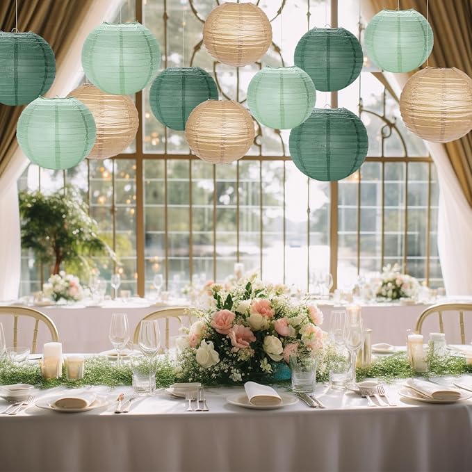 Paper Lanterns Decorative, Sage Green Forest Tan Hanging Round Chinese Lanterns with Lights for Rustic Party Sage Green Birthday Party 12 LED Light Pack of 12