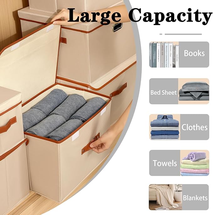 Tuza 2 Pack Large Fabric Storage Bins with Lids, Foldable Storage Boxes with Lids for Organizing, Decorative Storage Boxes with Handles for Home, Bedroom, Closet, Office(Khaki, Extra Large)