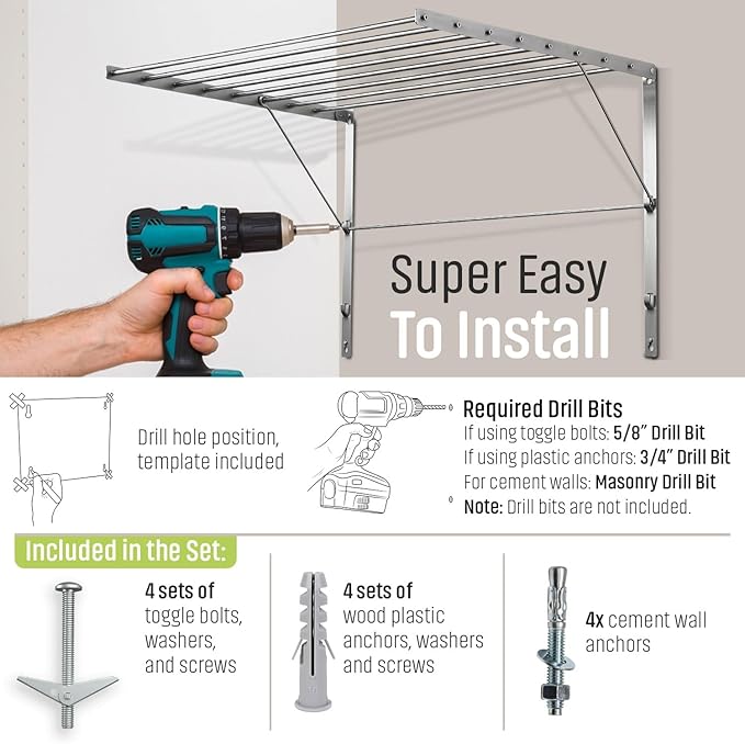 Smartsome | Wall Mounted | Clothes Drying Rack | 30" Wide | 20 Linear Feet Capacity | 8 Smooth Round Stainless Steel Rods | 60 lb Capacity | Fully Assembled | Compact Sturdy Space-Saving Design