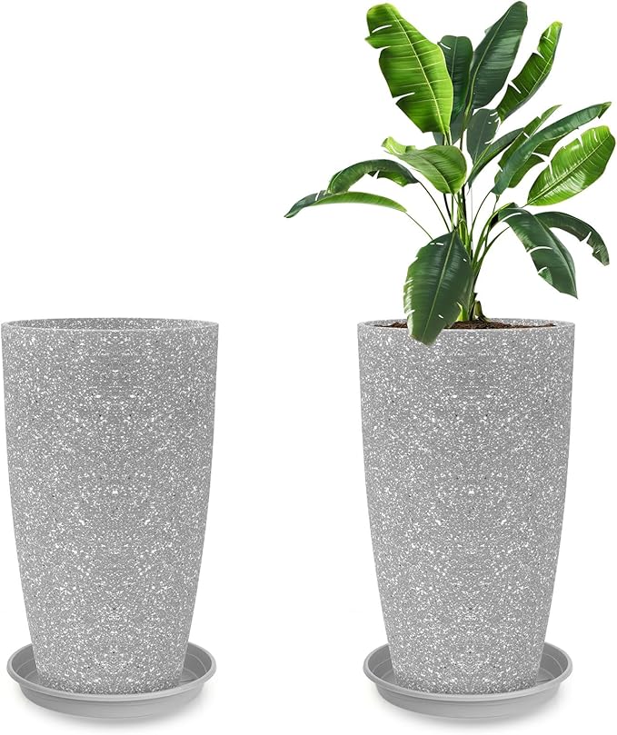 Tall Flower Pot Indoor - Outdoor Plant Pot - Gray Rough Planter - Elegant Stone Imitation - 12" Diameter 21" Tall with Drainage Holes and Saucer