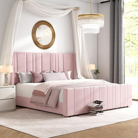 HOMBCK King Size Bed Frame and Headboard, Upholstered Bed with Vertical Channel Tufted Headboard & Footboard, Wooden Slats/Noise Free/No Box Spring Needed/Easy Assembly, Pink