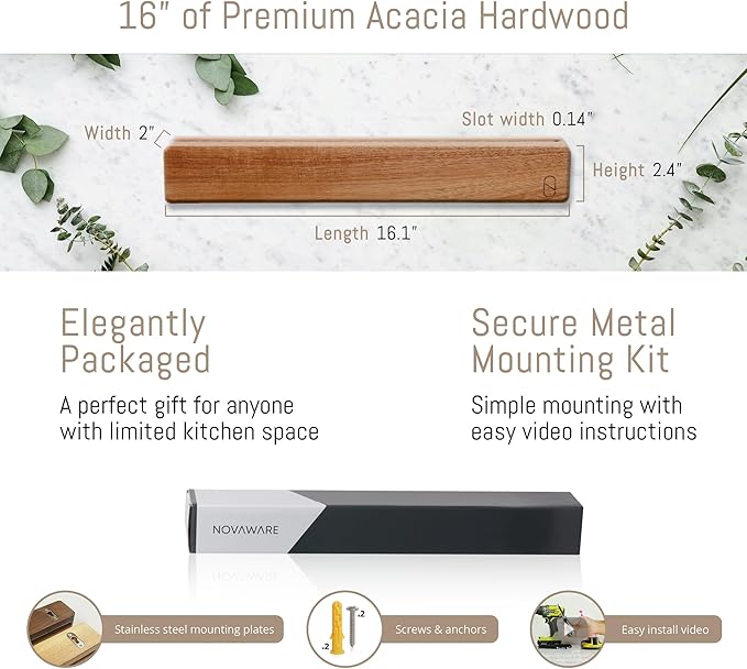 Premium 16 inch Magnetic Knife Holder for Wall with 2x Storage & Charming Wood - Knife Magnetic Strip, Under Cabinet Magnet Knives Storage - Magnet Strip Rack Kitchen Utensil Holder Organizer Tool