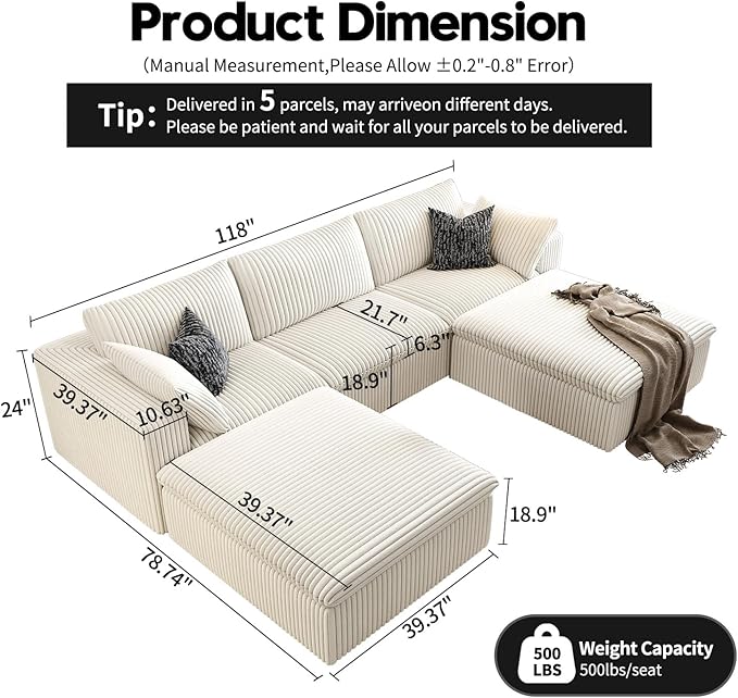 118" Cloud Couch Modular Sectional Sofa for Living Room,Modern Sofa with Deep Seat,U-Shape Boneless Couch with 2 Ottoman,Comfy Upholstered Corduroy Couches for Apartment, Studio, Office,Bedroom,White