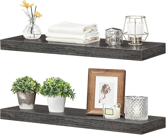 HOOBRO Floating Shelves for Wall, Wall Mounted Shelf Set of 2, 23.6" Hanging Shelf with Invisible Brackets, for Wall in Bathroom, Bedroom, Toilet, Kitchen, Living Room, Office, Charcoal Gray BC60BJ01