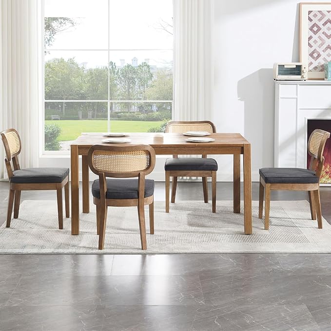 Rattan Dining Chairs Set of 4, Upholstered Linen Dining Room Chair with Cane Backrest Wooden Farmhouse Kitchen Chairs Armless Side Chair for Dining Room/Restaurant, Black