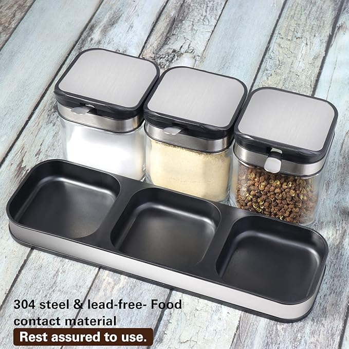 XIUDI Condiment Seal Jar Spice Container with Lids and Spoons,Clear Glass Condiment Canisters Pots Seasoning Box Salt Container Sugar Bowl Set of .Used in Kitchen, Coffee Table,Set of 3
