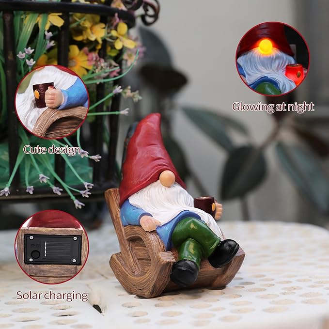 Solar Garden Gnomes Outdoor Statue with Solar Lights,7.1“ Figurine Lights Solar Garden Yard Decorations Outdoor Decorations for Patio,Yard,Lawn Ornament,Mom Gift Unique Housewarming Gifts