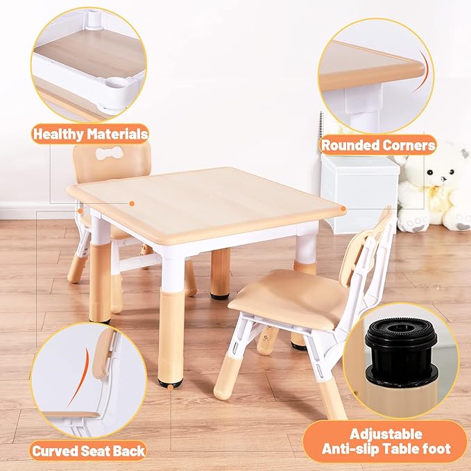 FUNLIO Kids Table and 4 Chairs Set, Height Adjustable Toddler Table and Chair Set for Ages 3-8, Easy to Wipe Arts & Crafts Table, for Classrooms/Daycares/Homes, CPC & CE Approved(5-Piece Set)