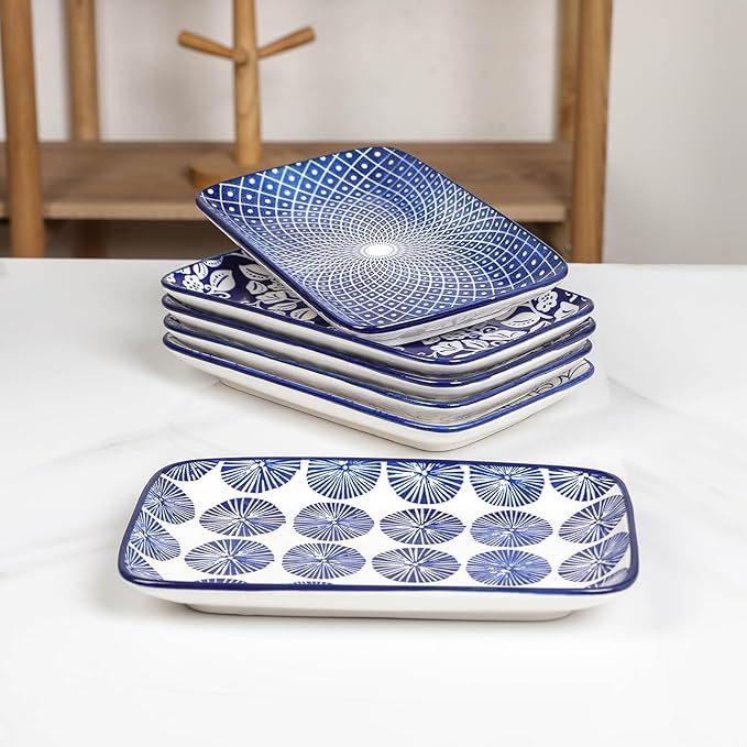 Selamica Ceramic Rectangular Salad Plates Set, Dinner Plate 9.4 Inch Dessert Plates for Party Entertaining, Small Serving Plates for Appetizers, Sushi, Fruit, Set of 4, Vintage Blue