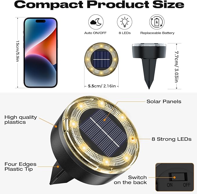 Mini Outdoor Solar Lights,8 Pack Solar Garden Light for Outside IP65 Waterproof, 8 LED Disc Landscape Lighting for Garden Yard Driveway Walkway Poolside Deck Lawn Patio,Warm White