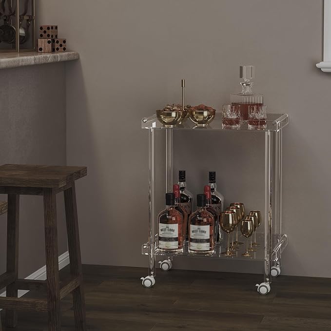 HMYHUM Acrylic Bar Cart, Rolling Serving Cart with 4 Lockable Wheels for The Home Bar, Kitchen, Living Room, Modern, 2-Tier, 23.6" L x 15" W x 30" H, Clear