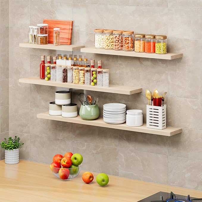 SAUMONIERES Floating Shelves 8 Inch Deep Solid Wood Wide Wall Shelf Set of 1 Wall Mounted for Bedroom Bathroom Living Room Kitchen, 48 Inch Natural