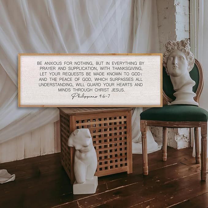 LuZhiQiang Be Anxious for Nothing Wall Decor 40"×15" Philippians 4:6-7 Bible Verse Sign Large Christian Scripture Wood Framed Hanging Decor (Wood)