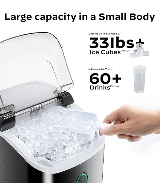 Silonn Nugget Ice Maker Countertop, Portable Pellet Ice Machine with Self-Cleaning Function, Sonic Ice Maker Produces 33lbs of Chewable Ice in 24 Hours, Ideal for Home Kitchen and Office, Black