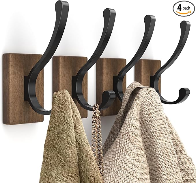 Wood Wall Hooks for Hanging - 4 Pack Hooks Wall Mounted, Wooden Rustic Farmhouse Heavy Duty Towel Hooks, Hooks for Coats, Towel, Hat, Keys, Purse, Bag and Robe