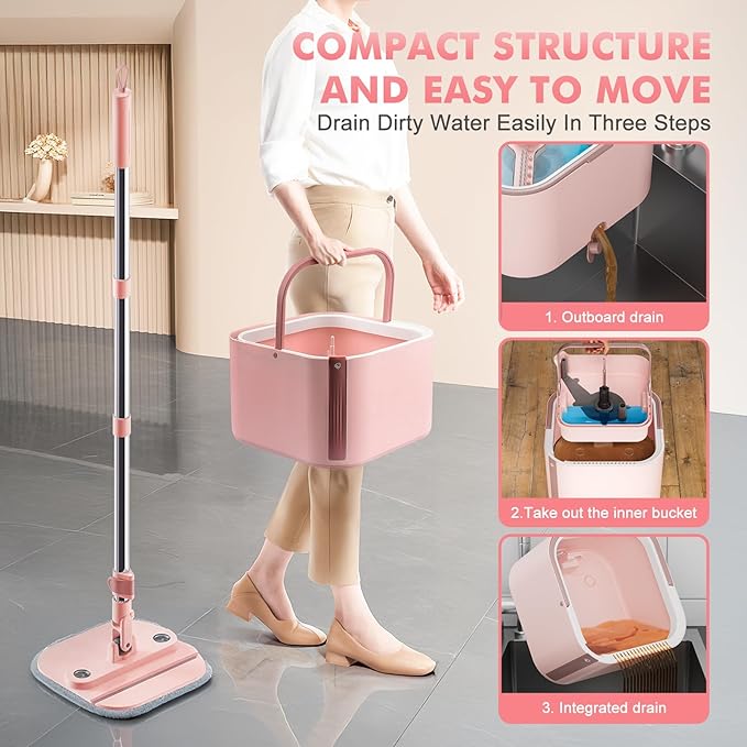 Upgraded Spin Mop and Bucket Set Self-Standing Mop Bucket Separate Dirty and Clean Water System Self Wringing 360° Rotating 90° Foldabl Mops and Buckets for Floor Cleaning (Pink, 6Pads)