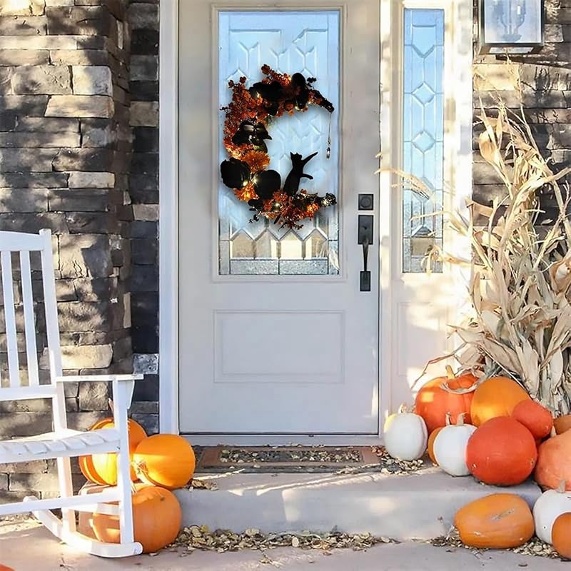 Halloween Wreaths for Front Door with Light, Black Cat Crescent Moon Wreath, Cute Cat Garland Halloween Door Decorations for Outdoor Indoor Decor Wall Window Home Party