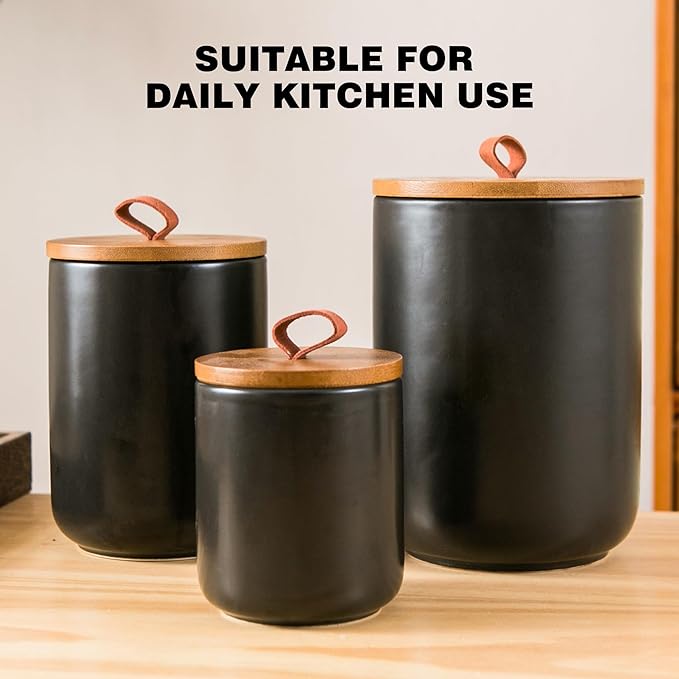 Black Ceramic Canister Set, 3pcs Ceramic Kitchen Canisters for Countertop with Airtight Wood Lids, Large Flour and Sugar Containers for Coffee, Tea, Spice
