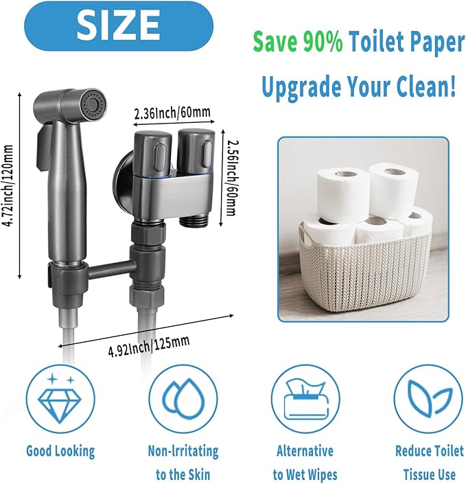 MLD Handheld Toilet Bidet Sprayer, Toilet Faucet Handheld Bidet Sprayers, Hand Shower Toilet Hose Sprayer Attachment for Water Spray and Cloth Diaper Wash (Grey)