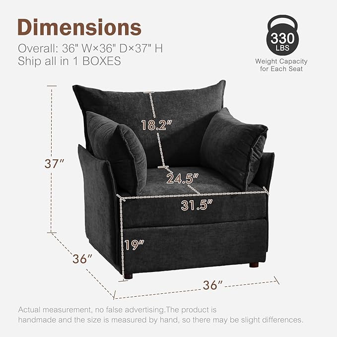 Oversized Accent Chair, Upholstered Modern Sofa Chair with Removable Backrest & Detachable Cover, 24.5" Deep Seat Large Reading Armchair for Living Room Bedroom Office - Chenille Black Set of 1