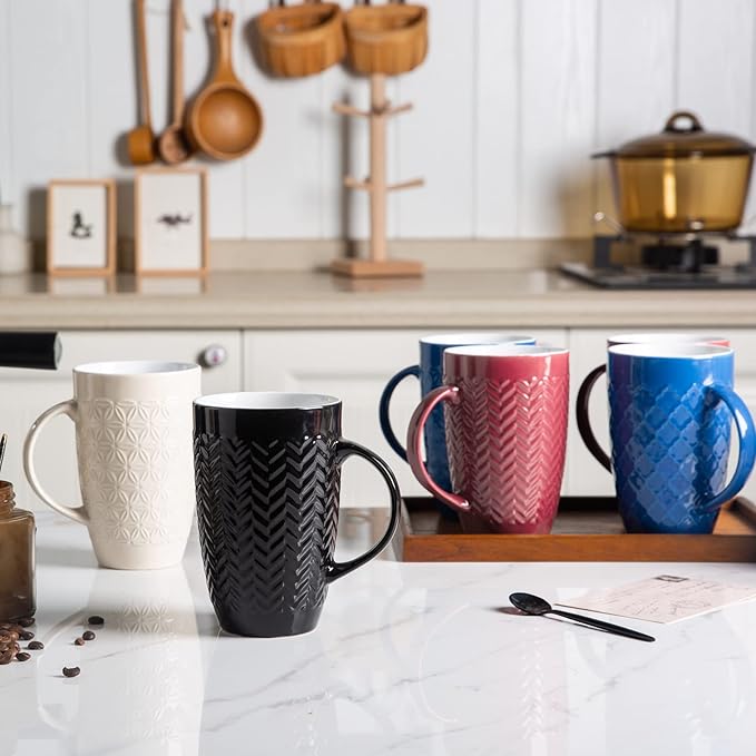 AmorArc Large Coffee Mugs Set of 6, 20oz Ceramic Tall Coffee Mugs Set with Textured Geometric Patterns for Latte/Tea/Beer/Hot Cocoa, Dishwasher & Microwave Safe, Black