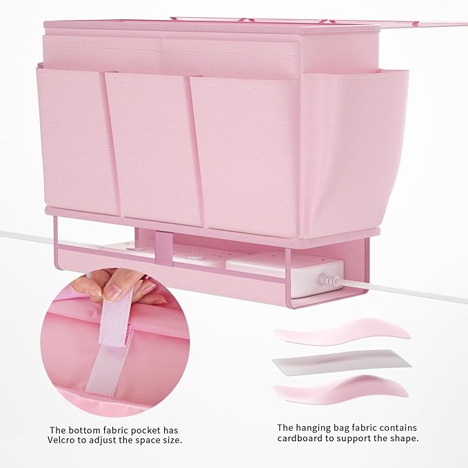 Bedside Caddy, Bed Organizer with 11 Pockets and Power Strip Holder, Versatile Bedside Storage Caddy for Home,Dorm,Bunk,Hospital,Crib Bed (2 Pack Pink)