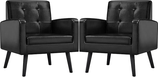 Yaheetech Mid-Century Accent Chairs, PU Leather Modern Upholstered Living Room Chair, Cozy Armchair Button Tufted Back and Wood Legs for Bedroom/Office/Cafe Black 2PCS
