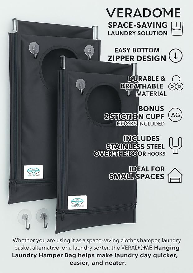 Hanging Laundry Hamper Bag โ Space-Saving Dirty Clothes Storage with Free Adjustable Stainless Steel Over-the-Door Hooks & Suction Cup Hooks โ Ideal for bathrooms, bedrooms & dorms (2, Gray)