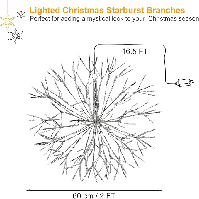 Christmas led Sparkle Ball Hanging Outdoor décorations -Haning Twig Ball,Snowflake Ornament Lights Indoor Outdoor Festive Holiday Décor 24Inch (Mutilcolor)