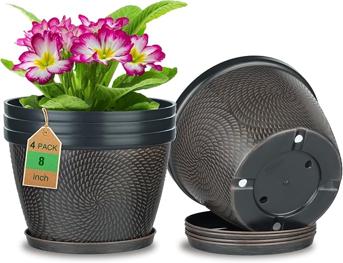 Quarut 4 Pack 8 Inch Flower Pots for Outdoor Indoor, Plastic Plant Pots with Drainage Hole & Saucer, Lightweight Small Flower Pot, Circle Pattern Planters for Garden House planters(Black Copper)