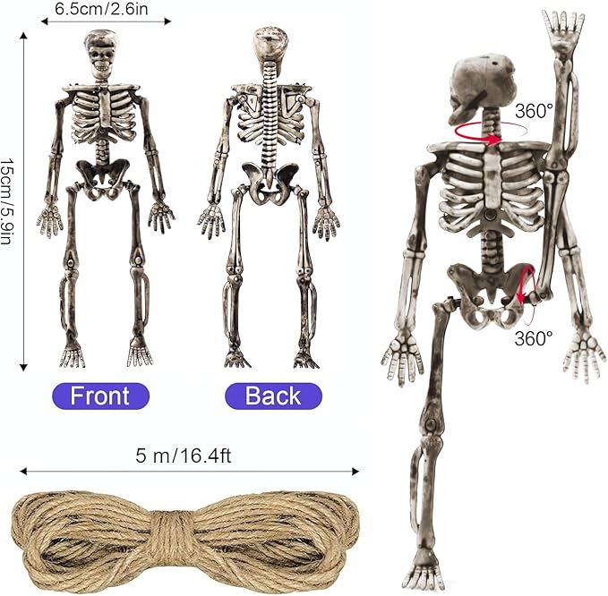 10 Pcs mini skeleton halloween decoration With hemp rope,6”small plastic posable halloween tiny skeleton figurines decor for Halloween Indoor Outdoor Graveyard Decor Haunted House Party Favors