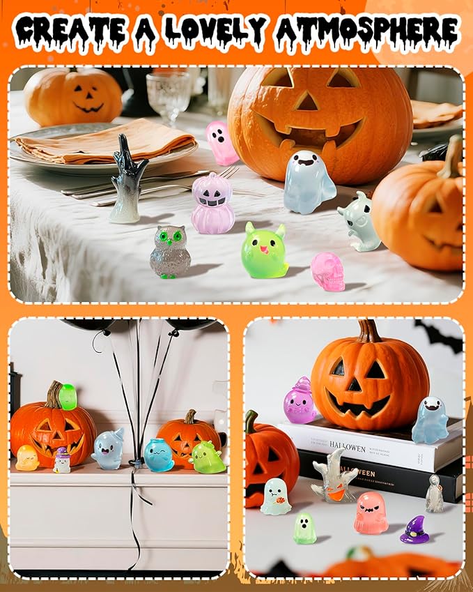 72 Pcs Halloween Mini Resin Animals Figures Kit - Luminous Tiny Resin Figurines Accessories, Glow in The Dark Miniature Ghost Figurines for Halloween Party, Micro Landscape, Tabletop Decor