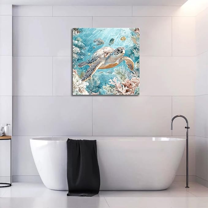 Sea Turtle Bathroom Wall Decor Ocean Theme Framed Canvas Wall Art Coastal Nautical Prints Picture Watercolor Coral Marine Life Painting for Kid Bedroom Living Room Home Decoration 14x14â