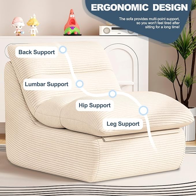 Misolant Bean Bag Chairs,Big Corduroy Fabric Sofa Bean Bag Chair for Adults and Teens with High-Resilience Sponge, Non-Slip Base Floor Lounge Sofa for Home, Living Room, Bedroom, Gaming Beige White