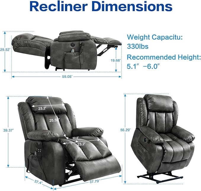 MAEVIS Power Recliner Chair, Lay Flat Sleeping Lift Chairs Recliner for Elderly with Heat and Massage,Comfy Real Breathable Leather Recliners with Dual OKIN Motor for Living Room (Silver Grey)