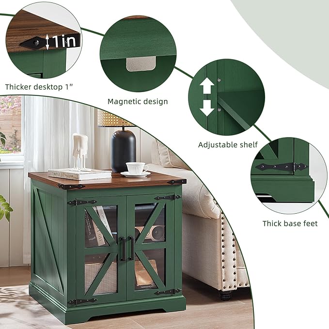 24" End Table with Charging Station, Farmhouse Night Stand with Glass Barn Door, Green Nightstands with Adjustable Storage Shelf, Large Wood Square Bed Side Table for Living Room, Bedroom